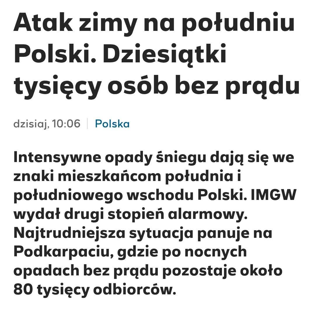 Atak zimy na południu Polski - dziesiątki tysięcy bez prądu